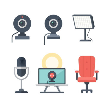 Live streaming kit with web cameras microphone ring light laptop stand and office chair for social media content creation video blogging or professional workstation.