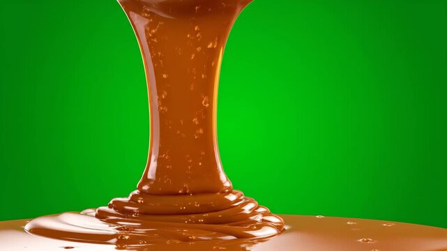 Thick, glossy caramel sauce pours and spreads on a surface. Ideal for food and dessert visuals.