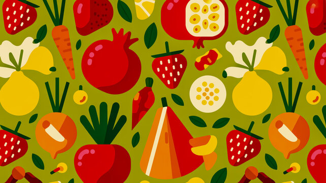 Vibrant colorful fruit pattern on green background with various shapes