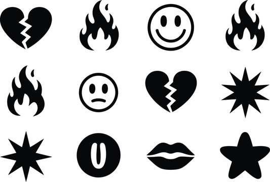 Collection of black minimalist tattoos hearts flames faces and symbols