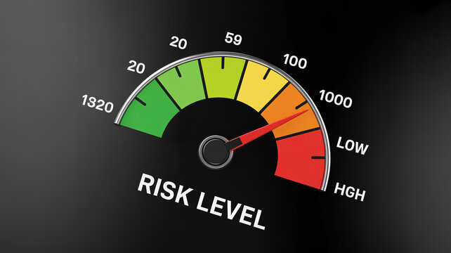 Risk level meter gauge showing high risk with red zone, risk management