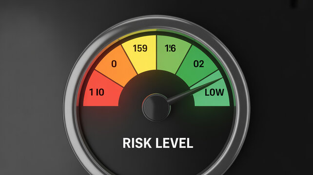 Risk level meter gauge showing low risk with green zone, risk management
