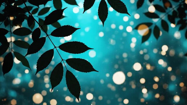Dark tree leaf silhouettes framing a vibrant teal blue background with soft golden bokeh light circles and subtle atmospheric dust particles for a cinematic evening scene.