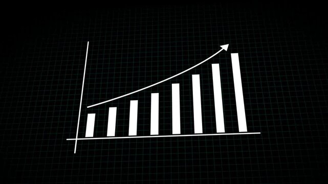 White bar graph with upward arrow on dark grid. White bar graph for business growth. Professional white bar graph for corporate financial analytics and market success visualizations.