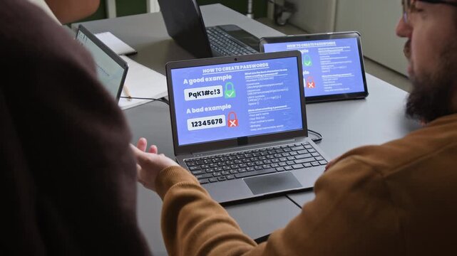 Over shoulder shot of male teacher talking about digital safety to group of adults in computer literacy class with focus on safe password examples on laptop screen, copy space