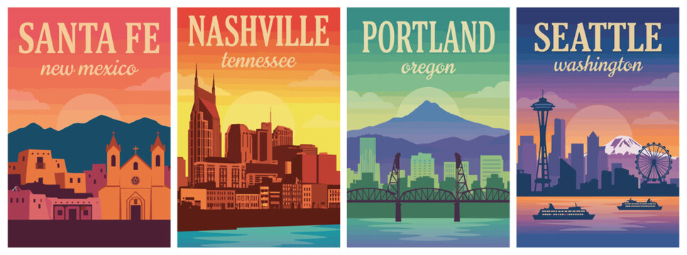 Vintage usa travel poster set. Including santa fe new mexico, nashville tennessee, portland oregon, and seattle washington. Retro vector illustration.