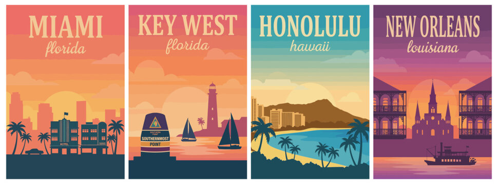 Skyline silhouettes travel poster set. Including miami, key west, honolulu, and new orleans. Retro vector illustration wall art prints.