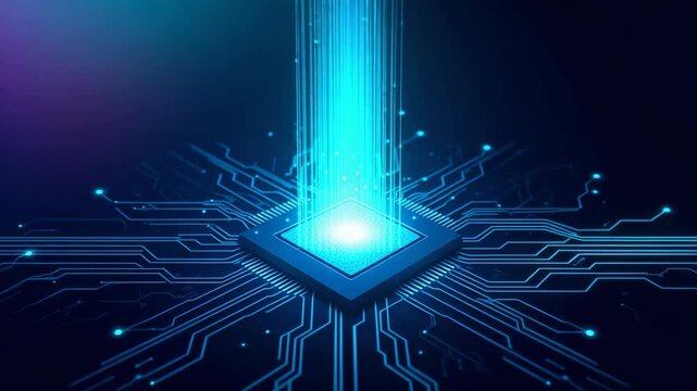 High-tech showing an intricate circuit board in a futuristic style with glowing blue data streams representing data processing.