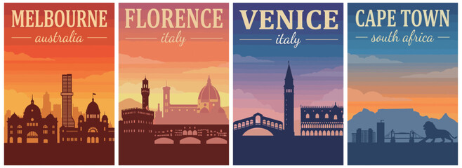 Fototapeta premium Vintage skyline silhouettes travel poster set. Including Melbourne Australia, Florence Italy, Venice Italy, and Cape Town South Africa. Retro vector illustration.