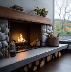 Obraz premium Modern fireplace stone surround wood mantel burning fire cozy interior basket glass bottle lantern window view