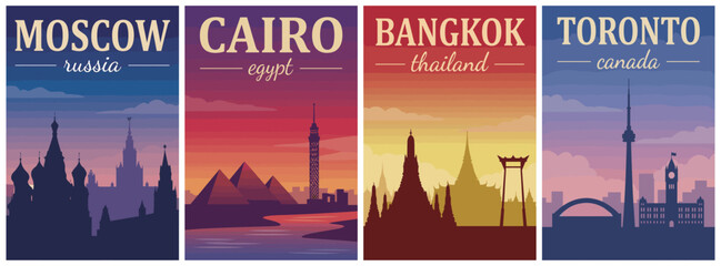 Naklejka premium Vintage skyline silhouettes travel poster set. Including Moscow Russia, Cairo Egypt, Bangkok Thailand, and Toronto Canada. Retro vector illustration.