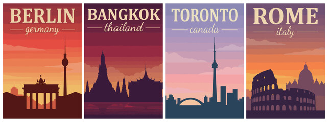 Fototapeta premium Vintage skyline silhouettes travel poster set. Including Berlin, Bangkok, Toronto, and Rome. Retro vector illustration city wall art prints.