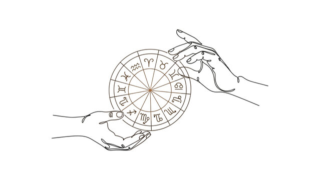 Continuous line art illustration of hands holding an astrology zodiac wheel.
