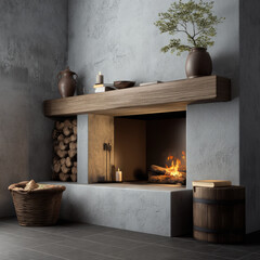 Obraz premium Modern fireplace with clean concrete wall, wooden mantel, burning fire, stacked logs, rustic decor, cozy atmosphere, and natural elements