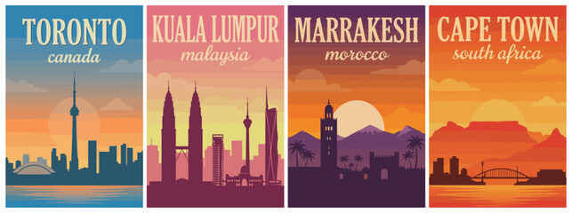 Naklejka premium Vintage skyline silhouettes travel poster set. Including Toronto Canada, Kuala Lumpur Malaysia, Marrakesh Morocco, and Cape Town South Africa. wall art.