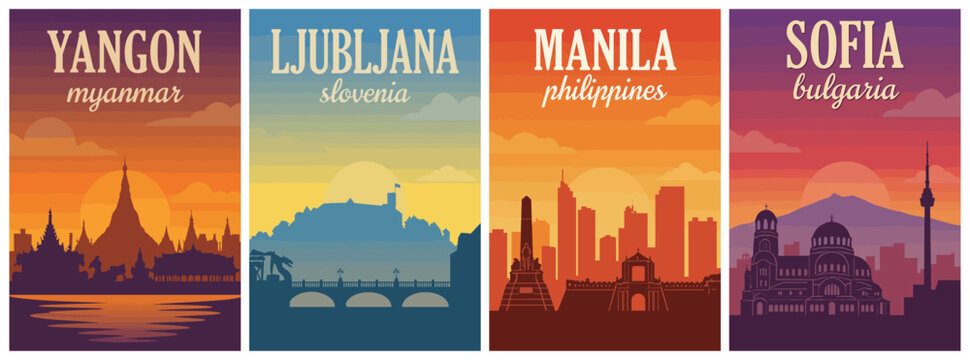 Vintage skyline silhouettes travel poster set. Including Yangon Myanmar, Ljubljana Slovenia, Manila Philippines, and Sofia Bulgaria. Retro vector illustration.