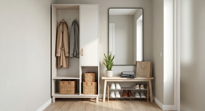 Small apartment hallway with practical entry storage, simple decor, and potted plant, creating a realistic home scene focused on organization and function.