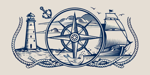 Nautical emblem with lighthouse ship compass and rope illustration © Prosanta