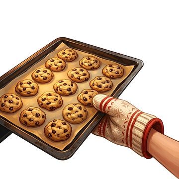 Freshly Baked Chocolate Chip Cookies on Baking Sheet: A hand wearing a festive oven mitt holds a baking sheet filled with golden-brown chocolate chip cookies, fresh from the oven.