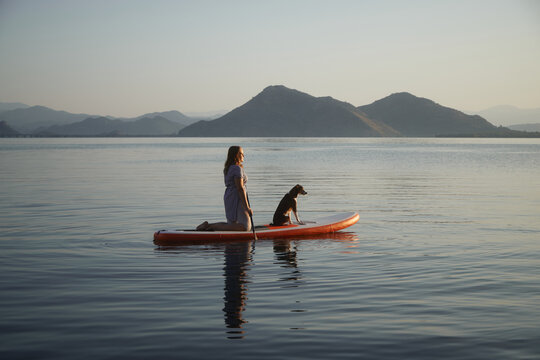 A dog sits quietly as a woman balances on a board. Open water and distant hills add depth to the peaceful landscape.