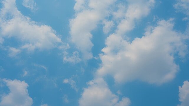 A blue sky timelapse video footage showing large cumulus clouds expanding and drifting, revealing soft contours, layered textures, and continuous atmospheric motion under bright, clear daylight. 4k.
