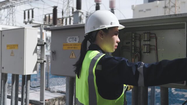 Electrical engineer wearing safety helmet and reflective vest performs electrical panel inspection and maintenance at power substation control panel, technician electrician using clipboard in industry