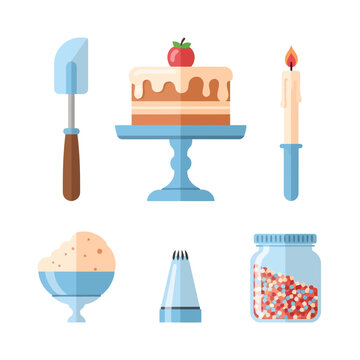 Baking equipment for creating sweet desserts like cake spatula candle sprinkles jar and pastries for celebrations and special occasions.