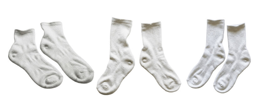 Assorted white socks in multiple lengths, soft cotton ankle and crew pairs arranged neatly in a row, everyday comfortable hosiery essentials on white background

