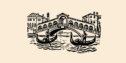 Venice canal scene black ink sketch with gondolas and bridge © Prosanta