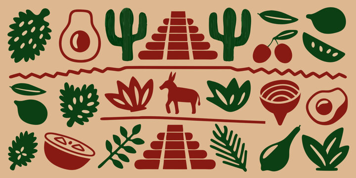Peruvian motifs and symbols illustration in red and green