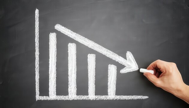 A hand draws a declining bar graph with a downward arrow on a blackboard, symbolizing decrease or loss.