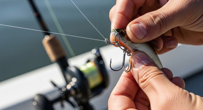 Angler secures lure to line before casting, commercial fishing closeup focused on preparation, tackle detail, and practical outdoor sport routine.