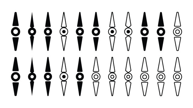 clock hand icon set in flat and line style, vintage timepiece pointer vectors with antique watch needle silhouette retro dial indicator symbol and classic timer illustration isolated on transparent ba