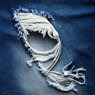 Close-up of torn blue denim fabric with fraying threads