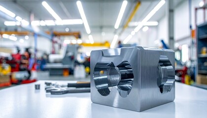 Fototapeta premium Polished cubic metal block with circular threaded openings, reflective surface, in workshop setting symbolizing precision engineering and fabrication.