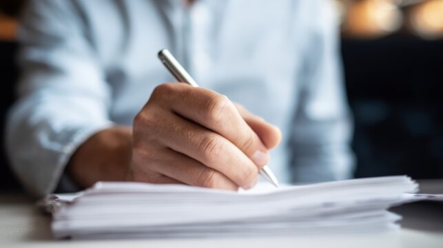 A person in a blue shirt is writing on a stack of papers with a silver pen, focusing on the hand and pen in a close-up shot.