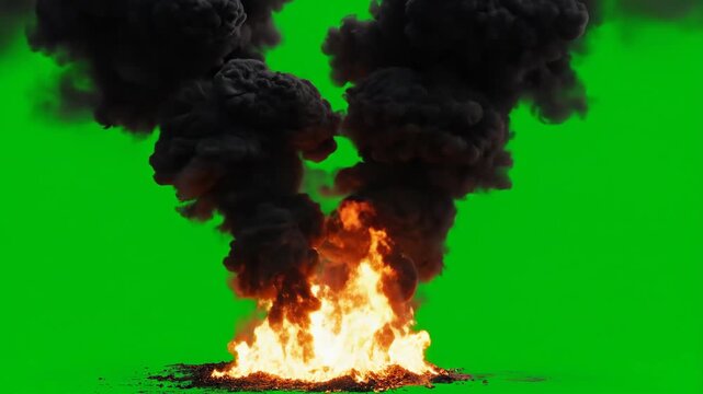 Two intense columns of black smoke billow upwards from a large fire, isolated on a green screen background.