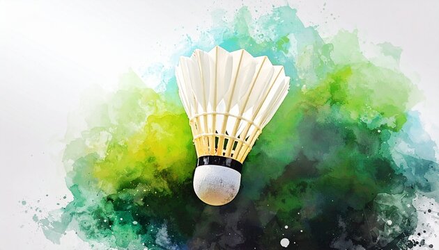 Badminton shuttlecock with white and yellow feathers on vibrant watercolor background, symbolizing sports design blended with artistic creativity.