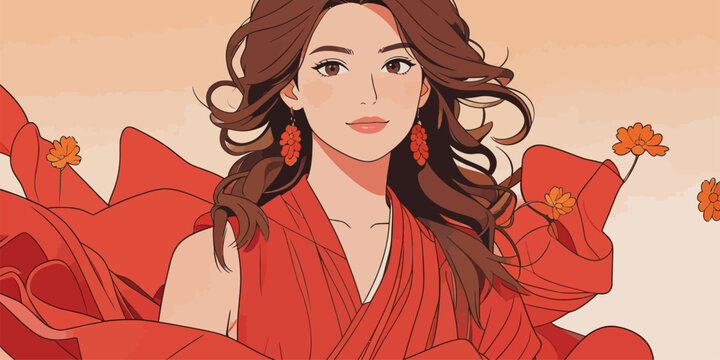 Elegant woman in red dress with flowing hair and floral accents