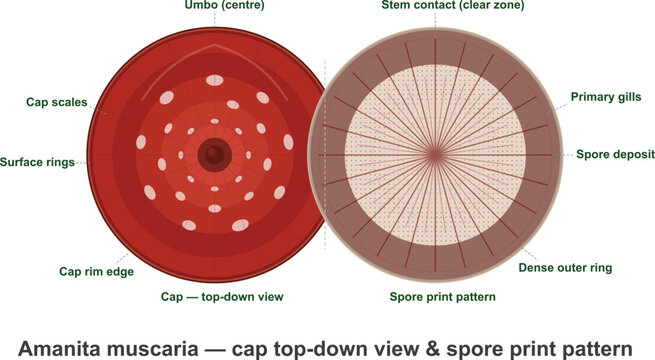 Amanita muscaria cap top-down view & spore print pattern