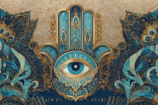 Decorative Hamsa hand illustration with sacred eye pattern in gold and teal tones