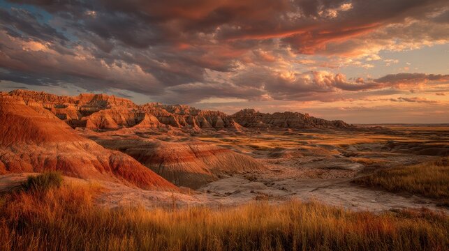Desert ridge and prairie grasses over rust and cream rock formations in the Badlands