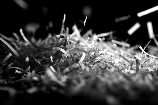 Dramatic lighting reveals texture of shredded documents on matte black surface