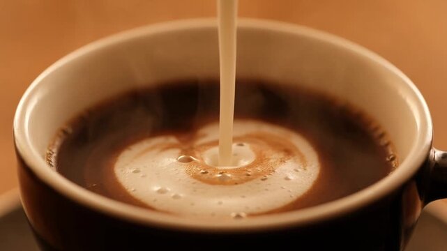 Latte coffee with milk pouring and smooth foam swirl creating latte art top view close up
