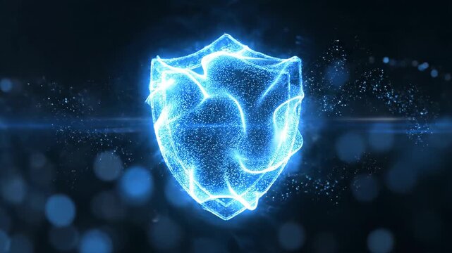 Digital shield glowing with blue particles and light symbolizing central bank monetary policy protection futuristic style