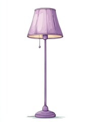 Fototapeta premium Tall Lilac Floor Lamp With Drum Shade Illuminating With Warm Light Isolated On White Background