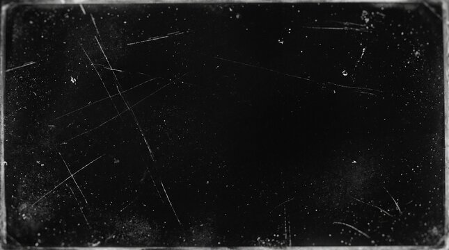 Dust and scratches design. Aged photo editor layer. Black grunge abstract background. Copy space.