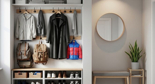 Compact hallway closet with school and work outerwear shows practical family entry organization, daily routine, and realistic storage in a tidy home interior.