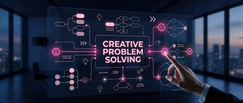 Business person touching interactive screen with creative problem solving flowchart during night city view
