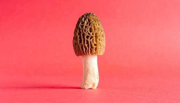 Single Fresh Morel Mushroom Isolated on a Vibrant Red Background